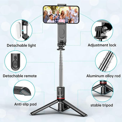 Stable Selfie Stick Tripod with Fill Light, 44 Inch Extendable Selfie Stick with Wireless Remote and Tripod Stand 360 Rotation for iPhone 15/14/13/12/11 Pro/XS Max/XS/XR/X/8/7, Samsung and Smartphone
