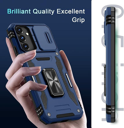 DEERLAMN Case for Samsung Galaxy S24 FE 6.7-Inch with Slide Camera Cover+Screen Protector(1 Pack), Rotated Ring Kickstand Military Grade Shockproof Protective Cover-Navy Blue