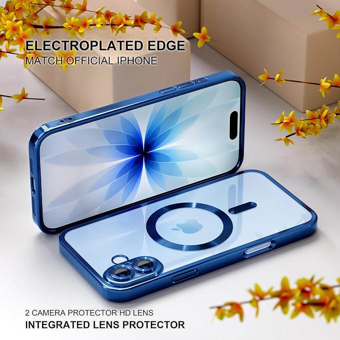 Misea Magnetic for iPhone 17 Case Compatible with MagSafe [Never Yellowing] [Military Grade Drop Protection] Full Camera Lens Protector Plating Soft Clear Phone Case for Women, Deep Blue