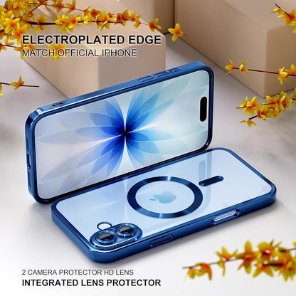 Misea Magnetic for iPhone 17 Case Compatible with MagSafe [Never Yellowing] [Military Grade Drop Protection] Full Camera Lens Protector Plating Soft Clear Phone Case for Women, Deep Blue