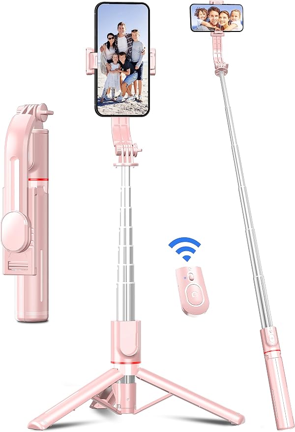41'' Tripod for Phone, Extendable Selfie Stick with Wireless Remote, Aluminum Cell Phone Tripod Stand 360°Rotate Lightweight & Portable Compatible with iPhone/Android (Pink)