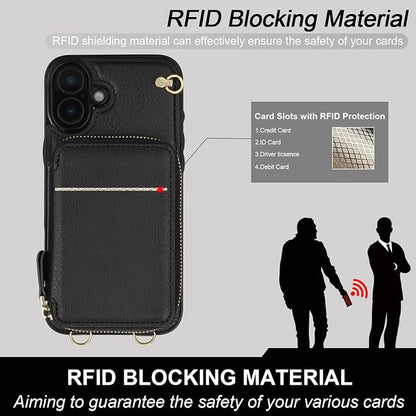 Bocasal Crossbody Wallet Case for iPhone 16 Plus, RFID Blocking Leather Purse Case with Card Holder, Protective Handbag Flip Cover with Zipper Wrist Strap Lanyard for Women 5G 6.7 Inch (Black)