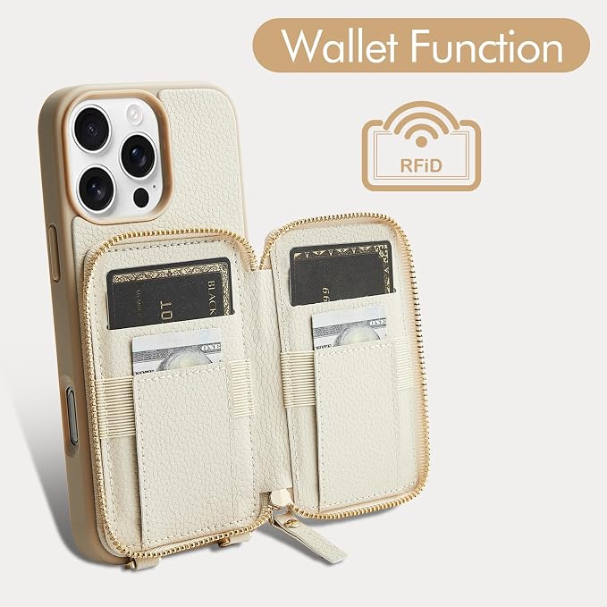ZVE for iPhone 16 Pro Wallet Case, RFID Blocking Leather Case with Card Holder, Crossbody Strap for Beige iPhone 16 Pro 6.3"