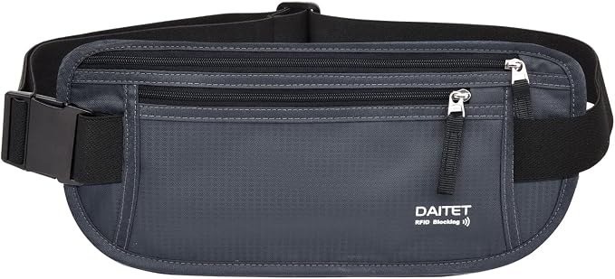 RFID Blocking Money Belt for Men Women, Slim Fanny Pack for Travel，Running,Conceal Waist Wallet for Passport Holder,Phone,Cash(Black Dark Grey)