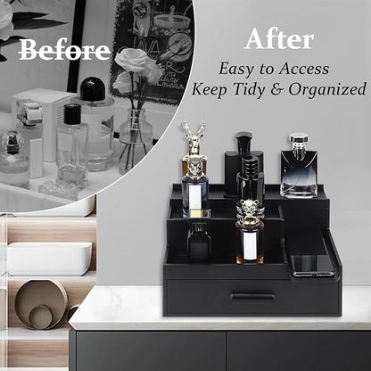 Butizone Cologne Organizer for Men, 3 Tier Perfume Stand Holder with Drawer and Hidden Compartment, Cologne Display Shelf for Dresser, Great Gift for Man/Father, Black