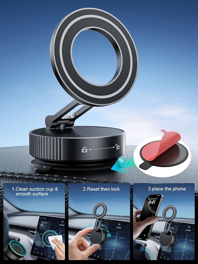 Phone Holders for Your car,Upgraded Vacuum Magnetic Phone Holder Stand for Magsafe,360° Rotatable Zinc Alloy Suction Cup Phone Mount for Car/Gym/Mirror/Shower-Obsidian Black