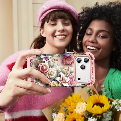 Hocase for iPhone 17 Pro Case 6.3", Heavy Duty Shockproof Protection Soft Silicone Rubber+Hard Plastic Bumpers Hybrid Protective Case for iPhone 17 Pro 2025 - Rose Flowers