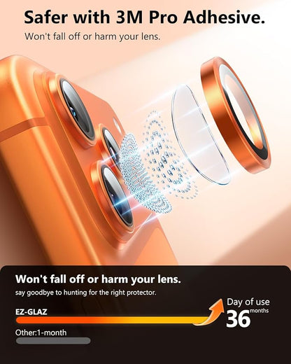 EZ-GLAZ-Camera Lens Protector for iPhone 17/16/15/14 Pro & Pro Max Series, with Aerospace-Grade Aluminum Alloy Ring, 1:1 Invisible Fit & Ultra-Clear, Military-Grade 9H+ Glass, Cosmic Orange