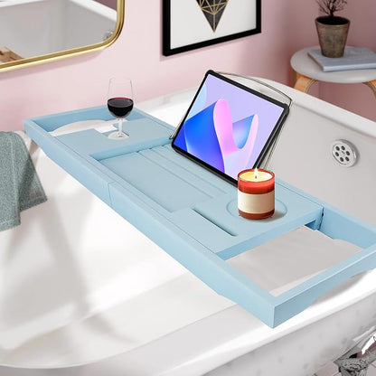 Bathtub Tray Caddy,Bamboo Bathroom Accessories,Expandable Bath Tray,Can be Placed Book and Integrated Tablet Smartphone and Wine Holder,Relaxing Gifts for Women（Blue