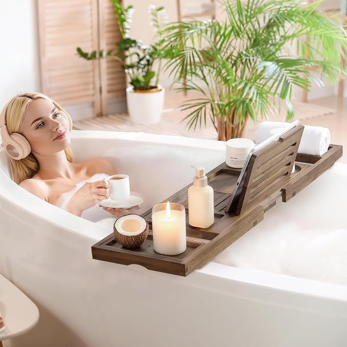 Fun Memories Teak Bathtub Tray for Tub – Adjustable Bath Caddy with Wine Glass Holder, Phone Dock & Book Stand – Solid Bath Tub Tray Wood – Dark Walnut Finish