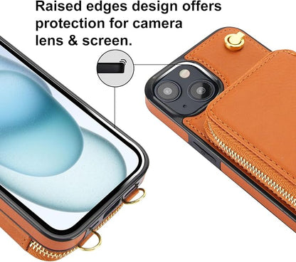 Bocasal for MagSafe Crossbody Wallet Case Compatible with iPhone 15, RFID Blocking Protective Purse Case with Card Slots Holder Kickstand Wrist Strap Lanyard Zipper 6.1 Inch 5G (Brown)