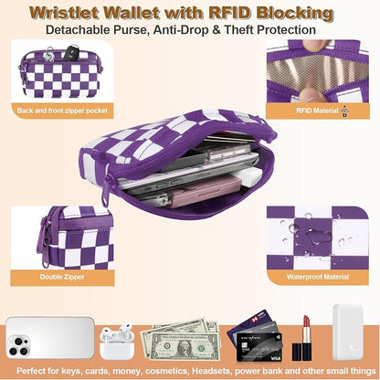 YFWE Clip and Go Strap for Phone with Wallet Crossbody, Adjustable Phone Lanyard with Detachable RFID Wristlet Wallet, Phone Strap with Phone Tabs for All Phones, Purple Checkered (L)