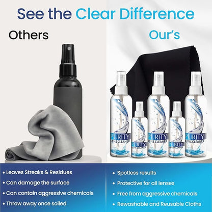 Purity Eyeglass Cleaner Mega Pack - Multi-Size Lens Cleaner Kit - 2x2oz, 3x8oz Bottles + 5 Black Premium Microfiber Cloths - Safe for All Lenses, Eyeglasses, and Screens - Streak-Free Formula