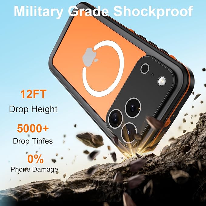 Beasyjoy for iPhone 17 Pro Case Waterproof, Built-in Screen Protector & Full Body Protection, Heavy Duty Rugged Military Shockproof Dustproof Case for Outdoor, Compatible with MagSafe, 6.3 inch Orange