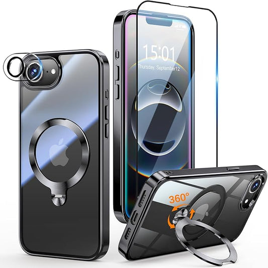 [Tri-Shield Protection] for iPhone 17e/16e Case with 360° Spin Stand Compatible with MagSafe [Magnetic CD Ring] [Screen & Camera Lens Protector] Shockproof Plating Never-Yellowing, Black-6.1"