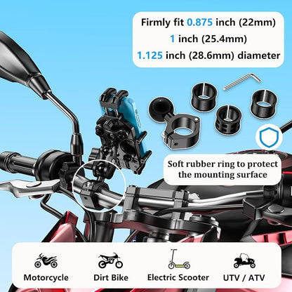 LOKTENWO Motorcycle Phone Mount-[Triple Vibration Dampener] & [Metal Adjustment Arm]，Motorcycle Cell Phone Holder, Bike Phone Mount for iPhone 17 16 15 Pro Max, 5.4-7.2" Smartphones