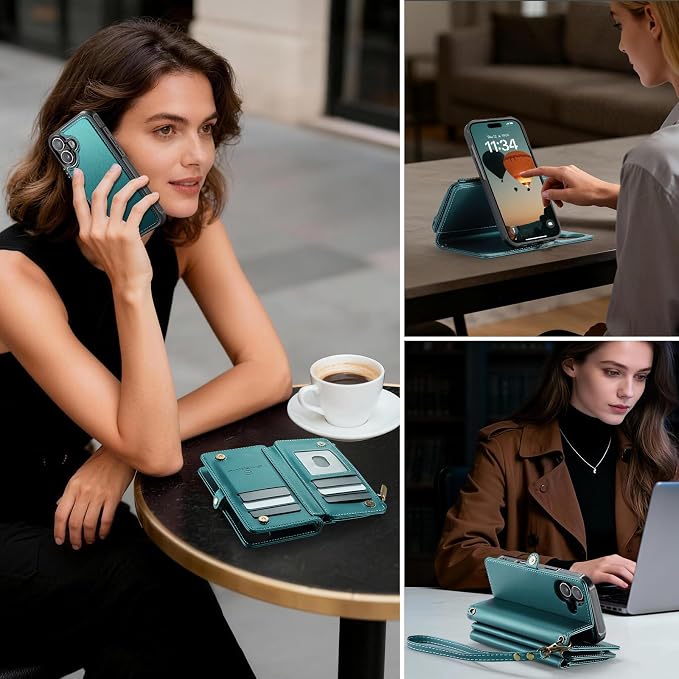 Strapurs for iPhone 17 Detachable Wallet Case Compatible with Magsafe for Women, RFID Blocking 9-Card Holder Zipper Wrist Strap Lanyard PU Leather Magnetic Phone Case for iPhone 17 6.3", Blue Green