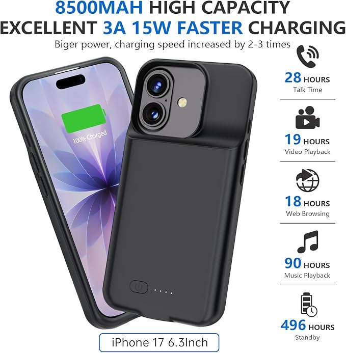 BOPPS Battery Case for iPhone 17【Support Carplay】 Ultra-Powerful 8500mAh Portable Rechargeable Protective Extended Charger Cover for iPhone 17 Charging Case-6.3inch，Black