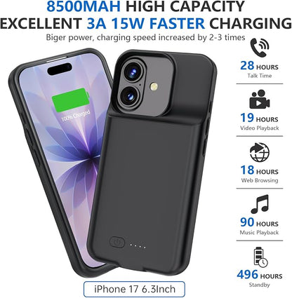 BOPPS Battery Case for iPhone 17【Support Carplay】 Ultra-Powerful 8500mAh Portable Rechargeable Protective Extended Charger Cover for iPhone 17 Charging Case-6.3inch，Black