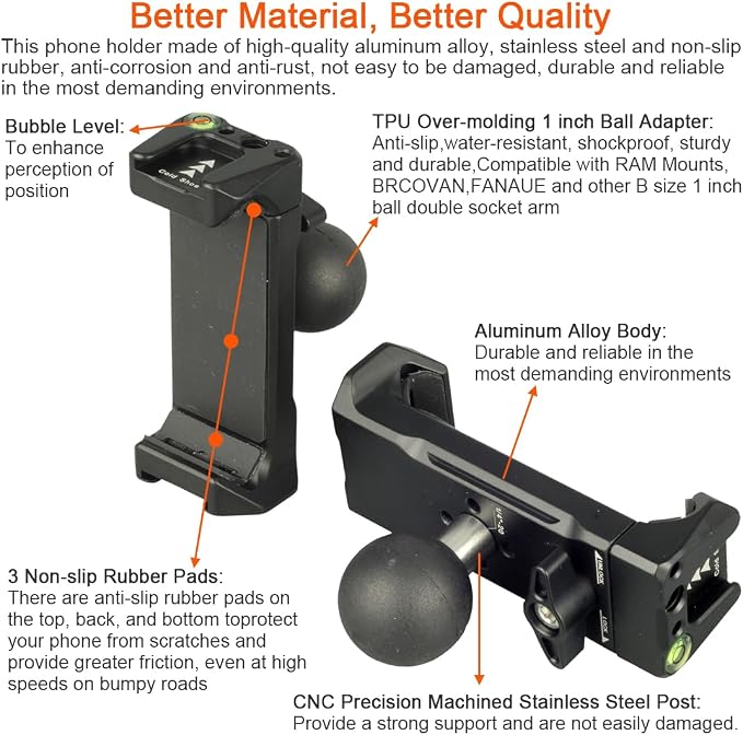Aluminum 1"(25mm) Ball Mount Phone Holder Compatible with RAM mounts B size1 Inch Ball Double Socket Arm, Dual Protection Motorcycle Bike Handlebar Car Phone Holder with 1 Inch Ball