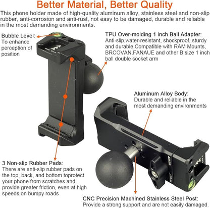 Aluminum 1"(25mm) Ball Mount Phone Holder Compatible with RAM mounts B size1 Inch Ball Double Socket Arm, Dual Protection Motorcycle Bike Handlebar Car Phone Holder with 1 Inch Ball