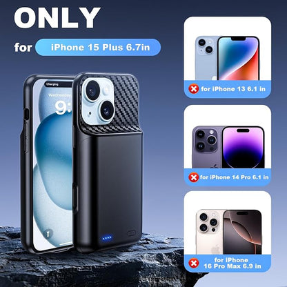 Battery Case for iPhone 15 Plus (6.7 inch), 2026 Upgraded High Capacity 13800mAh Battery Pack Rechargeable Charger External Charging Case with Tempered Glass Screen Protector Black