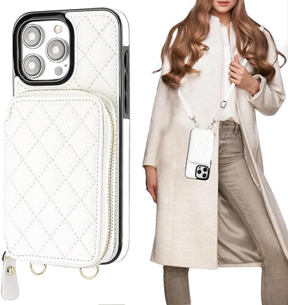Bocasal Crossbody Wallet Case for iPhone 15 Pro Max, RFID Blocking PU Leather Zipper Handbag Purse Flip Cover, Kickstand Folio Case with Card Slots Holder Wrist Strap Lanyard 5G 6.7 Inch (White)