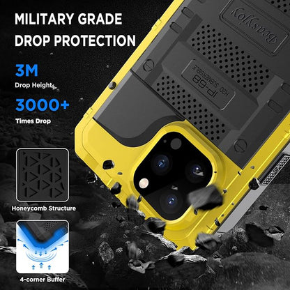 Beasyjoy Waterproof Case for iPhone 14 Pro, Metal Full Body Sealed Phone Case with Built-in Screen Protector, Military Grade Heavy Duty Defender Armor Shockproof Rugged Case 6.1 Inch, Yellow