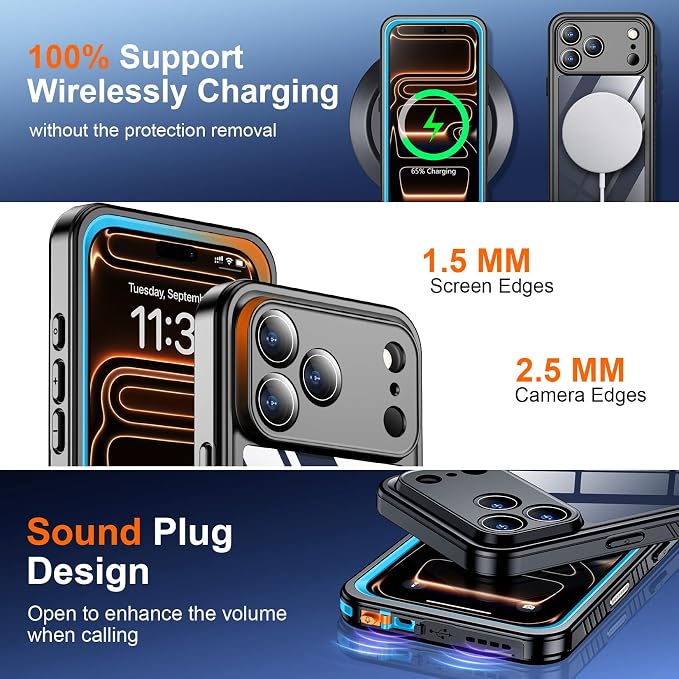 SPIDERCASE for iPhone 17 Pro Max Case Waterproof, Built-in Lens & Screen Protector, Full Heavy Duty Protection, 12FT Military Shockproof, Dustproof, Anti-Scratched Phone Case,Blue/Clear