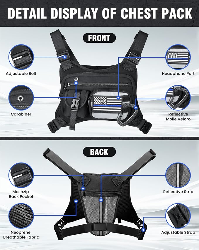 Chest Pack for Men Women - Tactical Vest for Outdoor, Adjustable Sport Chest Bag with Phone Holder & Extra Storage for Running, Cycling, EDC, Lightweight Running Backpack for Workouts