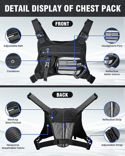 Chest Pack for Men Women - Tactical Vest for Outdoor, Adjustable Sport Chest Bag with Phone Holder & Extra Storage for Running, Cycling, EDC, Lightweight Running Backpack for Workouts