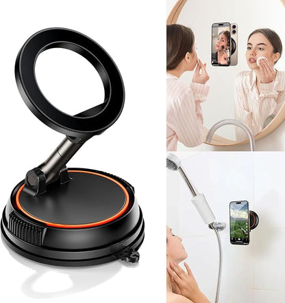 Magnetic Suction Cup Shower Phone Holder, Mirror Phone Mount For Bathroom Stick On Wall Makeup Mirror Compatible With Mag Safe, Bathroom Phone Stand Fit For iPhone 16 15 14 13 12 & Cell Phones