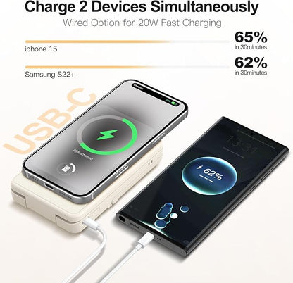 Magnetic Wireless Power Bank 5-in-1, 5000mAh Portable Charger with LED Mirror, Phone Stand, Card Holder & Bluetooth Remote, 20W Fast Charging for iPhone & Android, Travel Essential for Women
