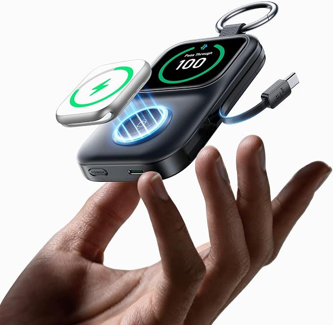 JOYROOM Portable Charger for Apple Watch, 5000mAh Power Bank 20W PD Fast Charging Dual Built-in Cables &4 Outputs, Compact Travel Keychain Battery Pack for iPhone 17/16/15/14/13& Apple Watch, Black