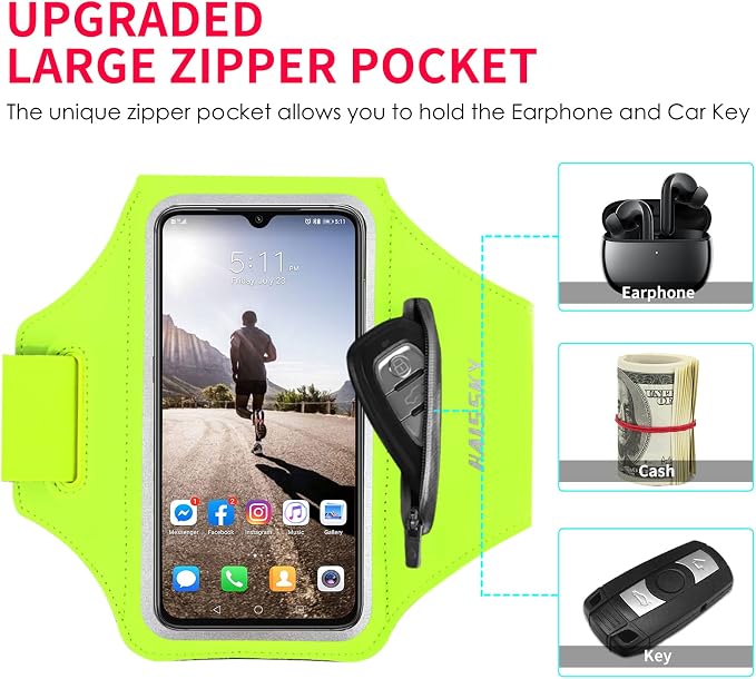 Running Armband with Earphone Bag Cell Phone Armband for iPhone 17 16 15 Pro 14 Plus 13 11 XR, Galaxy S24/S10 Water Resistant Sports Phone Holder Case & Zipper Slot Car Key Holder for 6.7 inch Phone