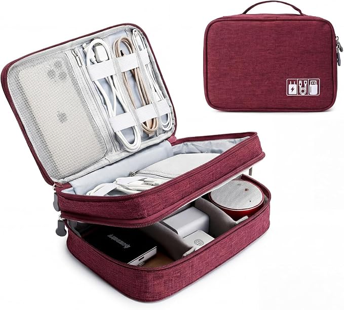 Lanola Travel Cable Organizer Bag, Electronic Accessories Case Portable Double Layer Cable Storage Bag for Cord, Charger, Flash Drive, Phone, SD Card,Personal Items - (Red)