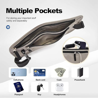 Unisex Money Belt For Men and Women, Slim Passport Holder RFID Blocking Travel Essentials Pouch with Adjustable Strap Small Waist Pouch for Workout Running Travelling Hiking, Light Grey 2 Pack