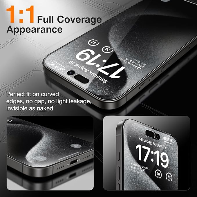 EZ-GLAZ- 4 Pack for iPhone 15 Pro Privacy Screen Protector [6.1"] With 2 Pack Camera Lens Protector, 9H+ Hardness 12FT Military Grade Shatterproof Scratch Resistant Durable Tempered Glass Film with Flawless Fit Kit