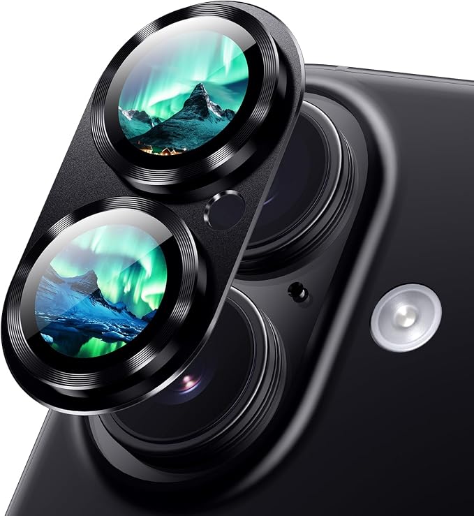 Korecase Camera Lens Protector for iPhone 17 /iPhone 16 /iPhone 16 Plus Rear Metal Tempered Glass Camera Cover,Aluminum Alloy Whole Lens Case Friendly - Black