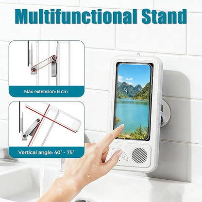 2026 Waterproof Phone Holder for Shower with Bluetooth Speaker,360° Rotatable Mount with Volume Adjustment Button,Shower Phone Holder Waterproof for 4" - 7" Cell Phone