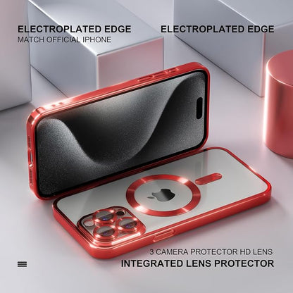 Misea Magnetic for iPhone 15 Pro Max Case with MagSafe [Never Yellowing] [Military Grade Drop Protection] Full Camera Lens Protector Plating Soft Clear Phone Case for Women Girls, Red