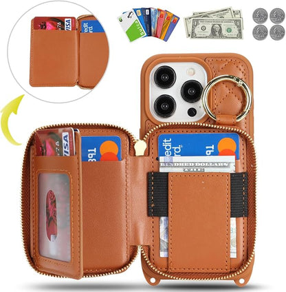 Crossbody Wallet Case for iPhone 14 Pro, PU Leather Zipper Handbag Purse Flip Cover, Kickstand Folio Case with Card Slots Holder Wrist Strap Lanyard 5G 6.1 Inch-Brown