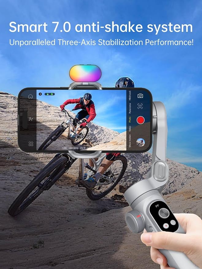 AOCHUAN iPhone Gimbal, 3-Axis Gimbal Stabilizer for Smartphone w/RGB Magnetic Fill Light Portable with Fous/Zoom Wheel for Vlog, Compatible with iPhone 15 Pro Max/Android-Smart X Pro Kit Gray