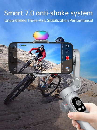 AOCHUAN iPhone Gimbal, 3-Axis Gimbal Stabilizer for Smartphone w/RGB Magnetic Fill Light Portable with Fous/Zoom Wheel for Vlog, Compatible with iPhone 15 Pro Max/Android-Smart X Pro Kit Gray