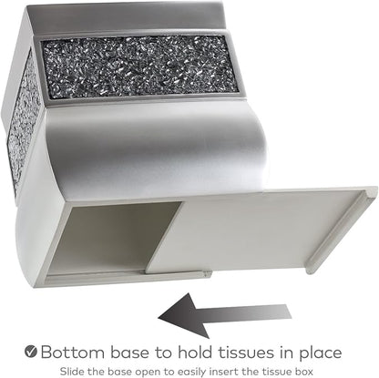 Creative Scents Crackled Glass Silver Tissue Box Cover Square - Decorative Tissue Box Holder - Tissue Holder Vessel for Bathroom with Durable Bottom Slider, Elegant Home or Bathroom Decor
