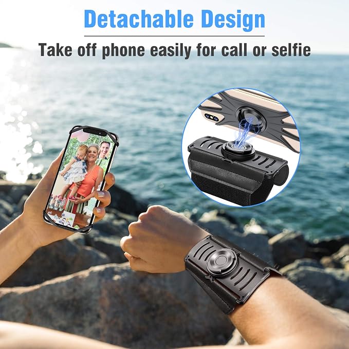 VUP Detachable Running Wrist Band 360°Rotatable for iPhone 17/16/15/14/13/Pro Max/Pro/Mini/12/11, Fits All 4-6.9 Inch Smartphones, with Key Holder,Phone Holder for Hiking Biking (Black)