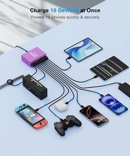 USB C Charging Station 10 Port with 4 Cables,200W GaN Type C Charger Block | Wall Charger Power Strip Adapter Plug for iPad iPhone17 16 15 14 13 12 Pro Max Pixel Note Galaxy Purple