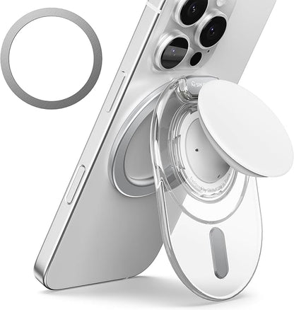 Sinjimoru Phone Grip Stand, Compatible with MagSafe, Adaptor Ring Included, 3000G Kickstand for iPhone 17/16/15/14/13. M-Tap Tok Stand Clear White