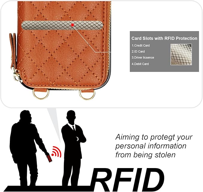 Bocasal Crossbody Wallet Case for iPhone 17 Pro, RFID Blocking PU Leather Zipper Handbag Purse Flip Cover, Kickstand Folio Case with Card Slots Holder Wrist Strap Lanyard 5G 6.3 Inch (Brown)