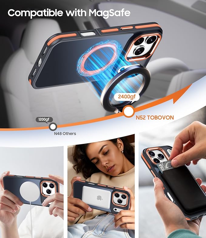 for iPhone 17 Pro Case with 360° Spin Magnetic Stand, Fits MagSafe, Military-Grade Shockproof Protection, Non-Slip Translucent Matte Slim Ring Holder Phone Cover for iPhone 17 Pro 6.3", Orange